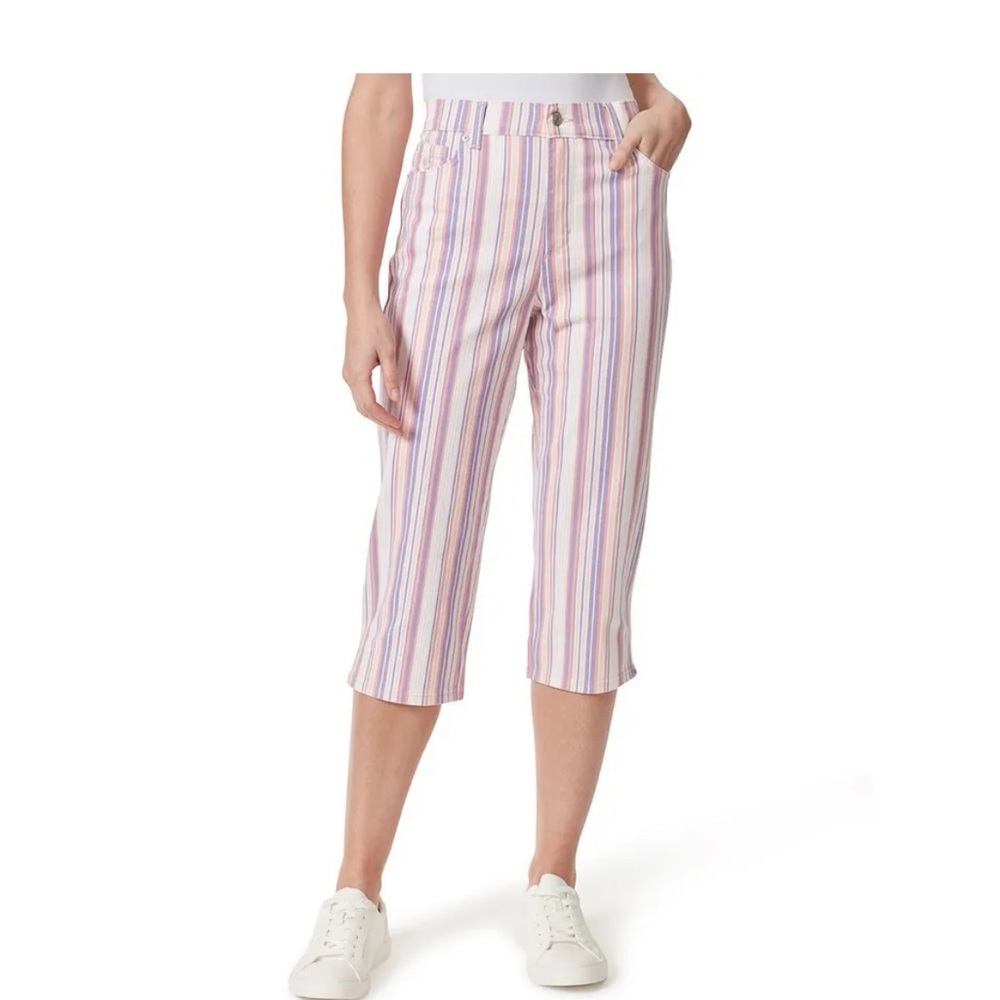 NEW Plus Gloria Vanderbilt Amanda Capri classic rise stripes pink/violet size 16